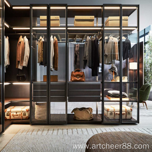 Transparent glass wardrobe in the bedroom